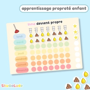 Tableau d'apprentissage propreté - Tableau de motivation à la propreté enfant personnalisable au prénom de l'enfant