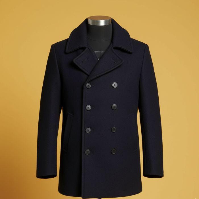 メンズ ネイビー ウールブレンド ピーコート：ダブルブレスト
