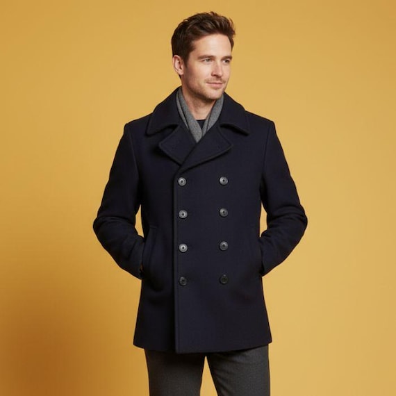 メンズ ネイビー ウールブレンド ピーコート：ダブルブレスト
