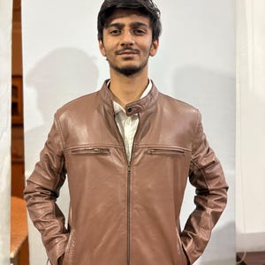 Handmade Slim Fit Leather Biker Jacket: Men&#39;s Brown Bomber Coat