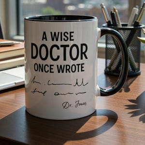 Può includere: Tazza in ceramica bianca con interno e manico neri. La tazza presenta il testo "A WISE DOCTOR ONCE WROTE" in grassetto nero, insieme a firme e "Dr. Jones" in basso. La tazza è su una scrivania di legno.