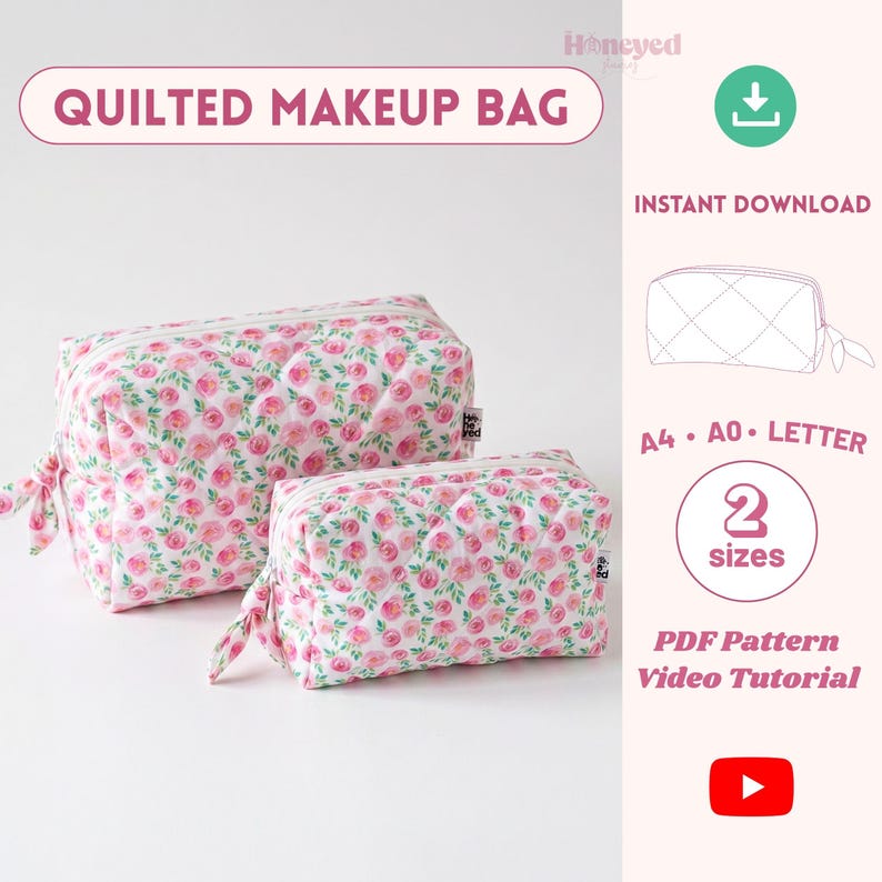 May include: quilted makeup bag pattern, zipper pouch sewing pattern, makeup pouch pattern, sewing tutorial, makeup bag tutorial , beginner friendly pattern