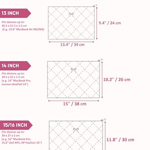 May include: Diagram showing three sizes of quilted laptop sleeves with measurements in inches and centimeters. The sleeves are designed to fit laptops with screen sizes of 13, 14, and 15.6 inches.