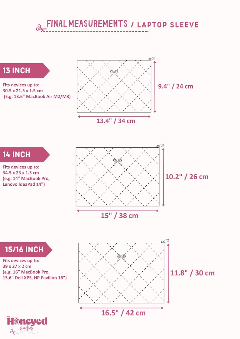 May include: Diagram showing three sizes of quilted laptop sleeves with measurements in inches and centimeters. The sleeves are designed to fit laptops with screen sizes of 13, 14, and 15.6 inches.