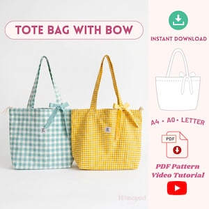 May include: Two tote bags with a gingham pattern in light blue and yellow, each featuring a matching fabric bow tied to one handle and a small square label. The image includes text reading TOTE BAG WITH BOW, INSTANT DOWNLOAD, A4, A0, LETTER, PDF.