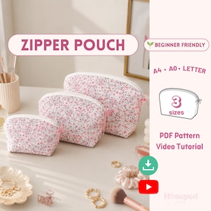 Zipper Pouch Sewing Pattern, Makeup Bag Pattern, Video Tutorial, Beginner Friendly Sewing Pattern, 3 sizes pattern