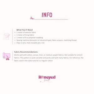 Puede incluir: Un gr&aacute;fico rosa y blanco con el texto "INFO" en un cuadro rosa. El gr&aacute;fico enumera los materiales necesarios para realizar un proyecto, incluyendo 1 metro de tela exterior, 1 metro de tela de forro, 1 metro de guata de poli&eacute;ster de 4 oz, una m&aacute;quina de coser, tijeras de tela, hilo a juego, clips o alfileres, un bol&iacute;grafo borrable con calor y una plancha. El gr&aacute;fico tambi&eacute;n incluye recomendaciones de telas, indicando que el proyecto funciona bien con algod&oacute;n, lona, lino o telas de peso medio. Tambi&eacute;n indica que el proyecto no es adecuado para telas el&aacute;sticas.