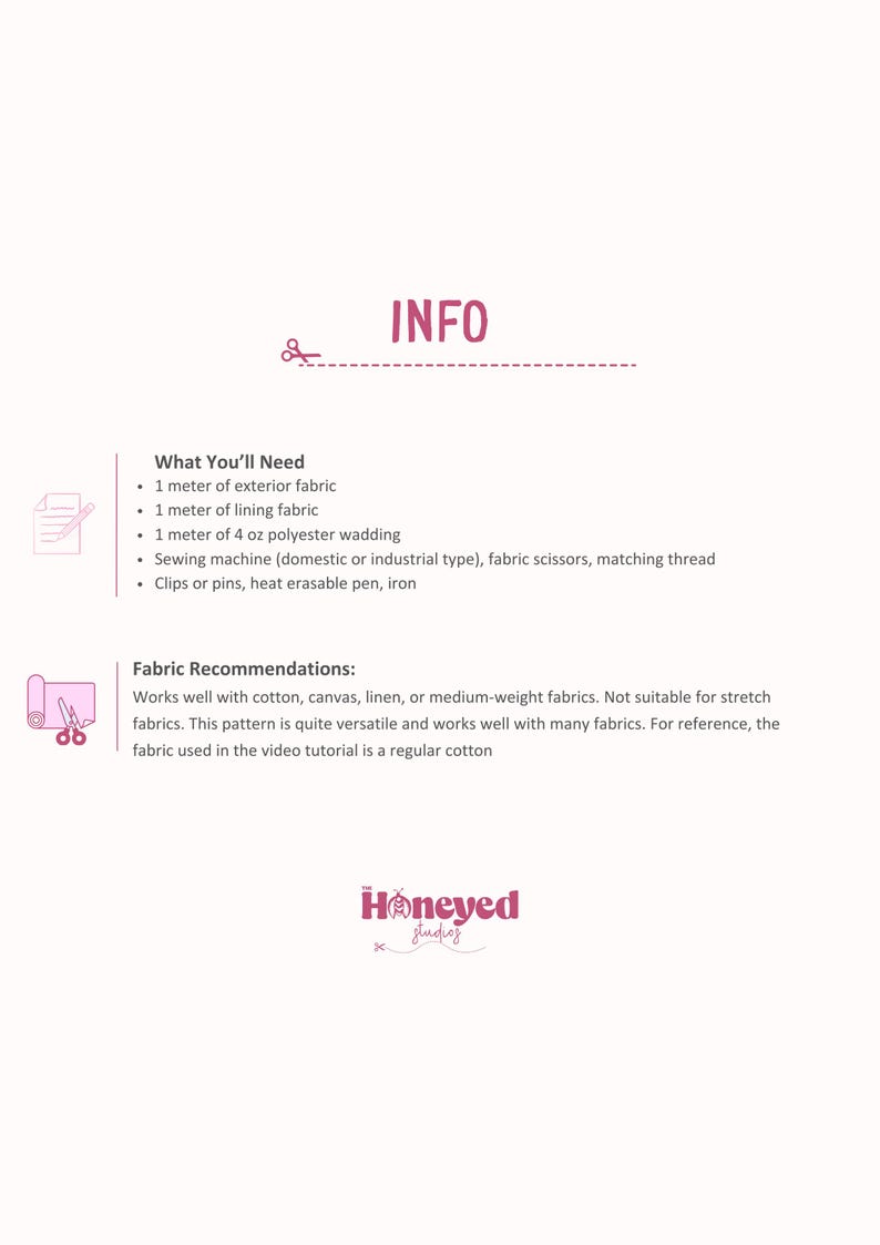 Puede incluir: Un gr&aacute;fico rosa y blanco con el texto "INFO" en un cuadro rosa. El gr&aacute;fico enumera los materiales necesarios para realizar un proyecto, incluyendo 1 metro de tela exterior, 1 metro de tela de forro, 1 metro de guata de poli&eacute;ster de 4 oz, una m&aacute;quina de coser, tijeras de tela, hilo a juego, clips o alfileres, un bol&iacute;grafo borrable con calor y una plancha. El gr&aacute;fico tambi&eacute;n incluye recomendaciones de telas, indicando que el proyecto funciona bien con algod&oacute;n, lona, lino o telas de peso medio. Tambi&eacute;n indica que el proyecto no es adecuado para telas el&aacute;sticas.