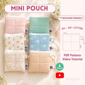 Peut inclure: Une collection de six mini-pochettes matelassées de différentes couleurs et motifs, incluant du rose uni, du vert menthe, du beige, ainsi que des imprimés floraux et marguerites. Chaque pochette carrée possède une fermeture éclair.