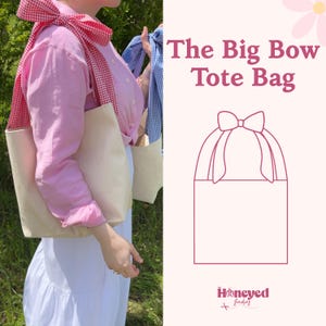 Cartamodello per borsa tote con fiocco, cartamodello per borsa adatta ai principianti, tutorial video e PDF facili, cartamodello per borsa tote Coquette, cartamodello per borsa tote a quadretti