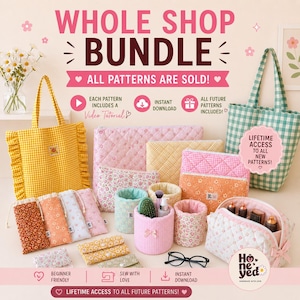 May include: A collection of quilted fabric bags, pouches, and organizers in various gingham and floral patterns. The items include tote bags, drawstring pouches, cylindrical containers, and zippered cases, all featuring soft pastel colors and textures.