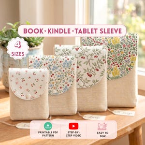 May include: Four fabric sleeves for books, Kindles, and tablets in varying sizes. Each sleeve features a solid beige base and a rounded flap with distinct floral and cherry patterns. The text BOOK KINDLE TABLET SLEEVE and 4 SIZES is visible.