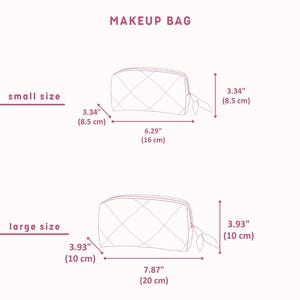 K&ouml;nnte beinhalten: Ein Diagramm mit den Endma&szlig;en einer Kosmetiktasche in zwei Gr&ouml;&szlig;en. Die kleine Tasche ist 16 cm breit, 8,5 cm hoch und 8,5 cm tief. Die gro&szlig;e Tasche ist 20 cm breit, 10 cm hoch und 10 cm tief. Der Text lautet Honeyed Studios.