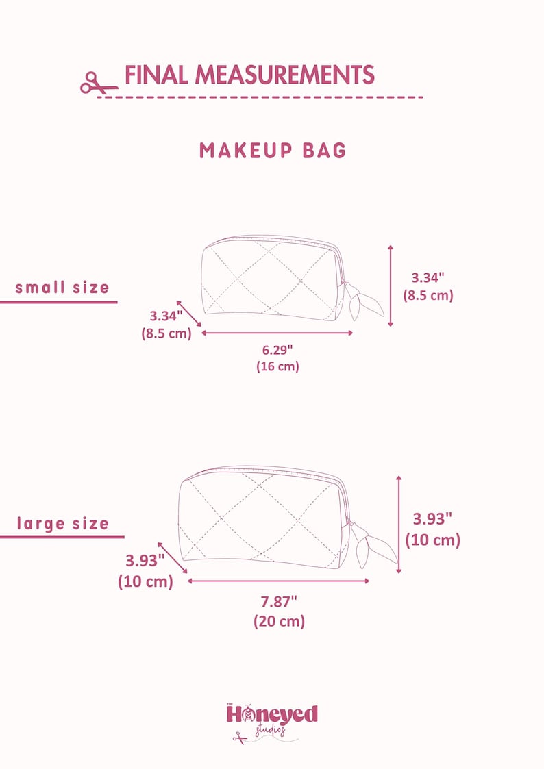 K&ouml;nnte beinhalten: Ein Diagramm mit den Endma&szlig;en einer Kosmetiktasche in zwei Gr&ouml;&szlig;en. Die kleine Tasche ist 16 cm breit, 8,5 cm hoch und 8,5 cm tief. Die gro&szlig;e Tasche ist 20 cm breit, 10 cm hoch und 10 cm tief. Der Text lautet Honeyed Studios.