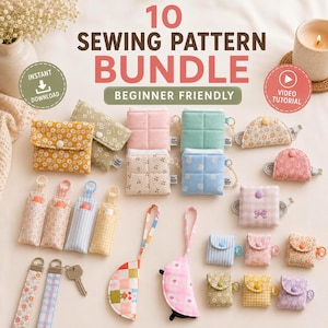 May include: A 10 sewing pattern bundle featuring various fabric pouches, key fobs, and cord organisers in floral, plaid, and solid pastel colours. The image includes text stating 10 SEWING PATTERN BUNDLE, BEGINNER FRIENDLY, INSTANT DOWNLOAD, and VIDEO TUTORIAL.