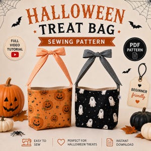May include: Two fabric treat bags with handles, one orange with pumpkin prints and one black with ghost prints. Text reads HALLOWEEN TREAT BAG SEWING PATTERN, FULL VIDEO TUTORIAL, PDF PATTERN, BEGINNER FRIENDLY, EASY TO SEW, PERFECT FOR HALLOWEEN TREATS, INSTANT DOWNLOAD.