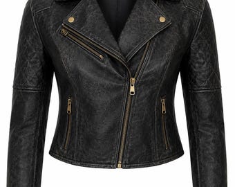 Black Distressed Women Leather Jacket Cropped Biker Moto Genuine Leather Fashion Outerwear