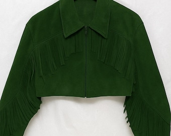 Green Cropped Suede Leather Jacket for Women Western Fringe Style