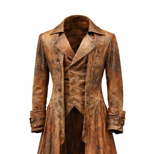 May include: A long, distressed brown coat featuring a weathered texture, a high-low hemline, wide lapels, and a double-breasted button closure. The garment includes structured sleeves with buttoned cuffs and a fitted bodice with a flared skirt.