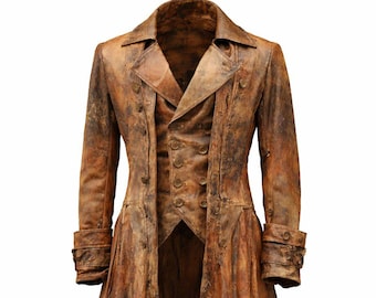 Victorian Gothic Long Coat Washed Camel Distressed Steampunk Tailcoat, Men's Leather Jacket