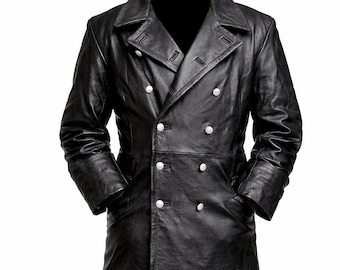 Black Leather Trench Coat for Mens Long Double Breasted Classic Stylish Winter Overcoat