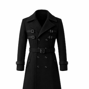 May include: A long, black wool coat with a double-breasted design. The coat features a notched collar, a belt at the waist, and decorative buckles on the shoulders and sleeves. The coat measures approximately 55 inches in length.