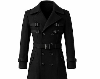 Men's Black Wool Blend Long Trench Coat Double Breasted Military Coat