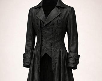 Black Gothic Leather Trench Coat Victorian Steampunk Long Jacket