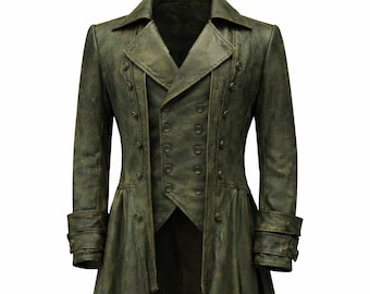 Casaco longo gótico pirata em couro envelhecido | Casaco longo vitoriano steampunk