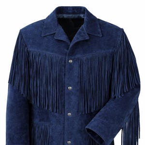 May include: A navy blue suede jacket with long fringe detailing. The jacket has a classic collar, button-up front, and fringe across the chest, back, and sleeves. This western-style jacket is a statement piece.