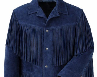 Western Suede Jacket Navy Blue Fringe Cowboy Style Leather Coat