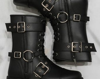 Leather Wrestling Boots Black | Pro Wrestling Shoes with Buckles & Straps