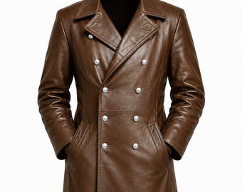 Mens Trench Leather Coat, Genuine Brown Long Coat, Double Breasted Overcoat for Men