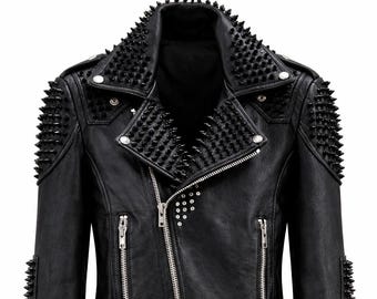 Men Studded Leather Jacket Black Spiked Biker Punk Genuine Leather