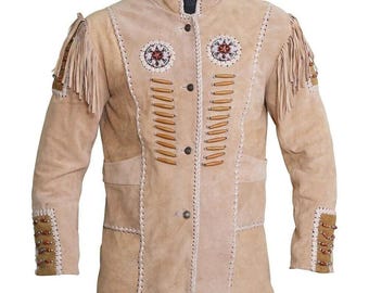 Men's Native Western Suede Leather Jacket: Handmade Beaded & Soft Fringes Cowboy Coat