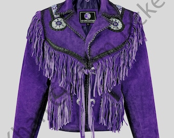 Purple Suede Fringe Leather Jacket: Handmade Western Cowgirl Rodeo Outfit