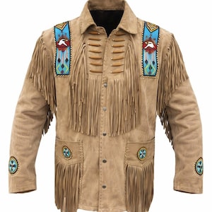 May include: Tan suede jacket with fringe detailing, beaded accents, and a button-up front. The jacket features decorative patches with bird designs and turquoise, blue, and red beadwork. The sleeves and pockets have additional beaded embellishments.