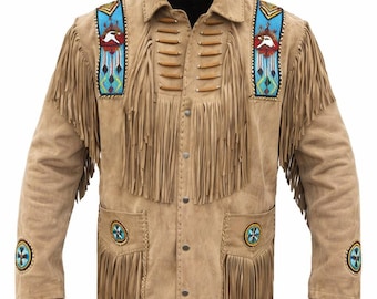 Chaqueta vaquera de ante con flecos, estilo western, con cuentas, estilo nativo americano, hecha a mano, vintage, para hombre.