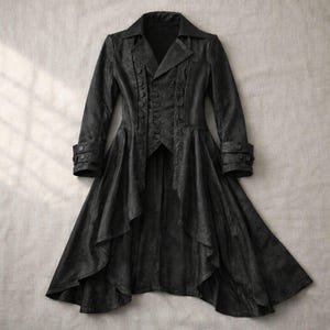 May include: A long, black coat with a unique design. The coat features a notched collar, button details, and a flared, asymmetrical hemline. The sleeves have buttoned cuffs. The coat is made of a textured fabric.