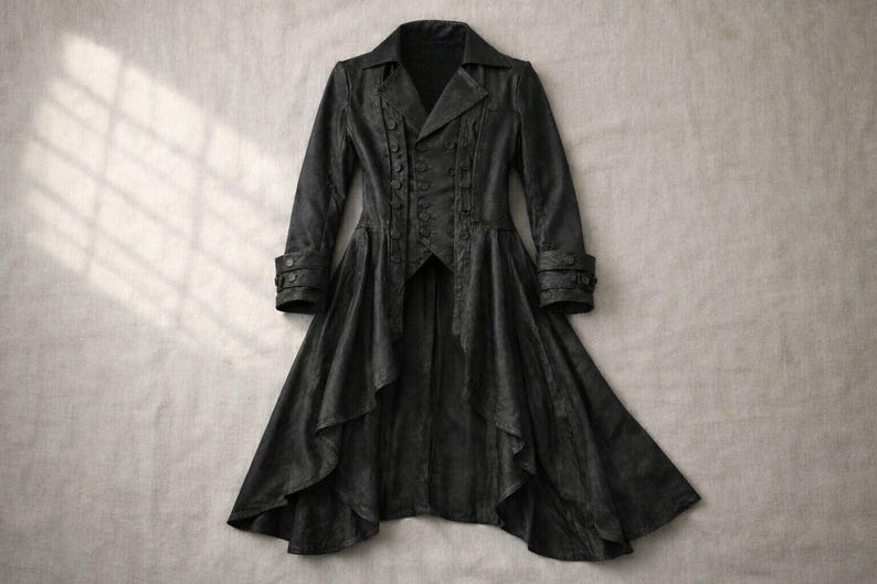 May include: A long, black coat with a unique design. The coat features a notched collar, button details, and a flared, asymmetrical hemline. The sleeves have buttoned cuffs. The coat is made of a textured fabric.