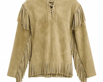 Cowboy Suede Jacket Men's Western Fringe Leather Shirt Native American Handmade Ranch Wear Traditional