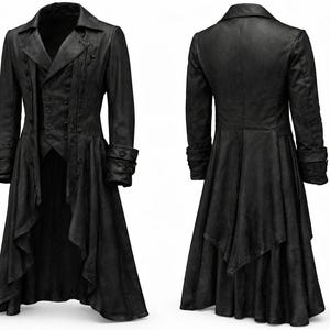 May include: Black long coat with a double-breasted front, notched lapels, and decorative buttons. The coat features long sleeves with buttoned cuffs and a flared, layered skirt. The back view shows the coat's tailored design and flowing hemline.