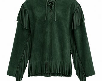 Cowboy Suede Jacket Mens Western Fringe Leather Shirt Native American Rodeo Rancher Festival Wear