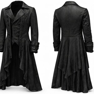 May include: Black long coat with a double-breasted front, notched lapels, and decorative buttons. The coat features long sleeves with buttoned cuffs and a flared, layered skirt. The back view shows the coat's tailored design and flowing hemline.