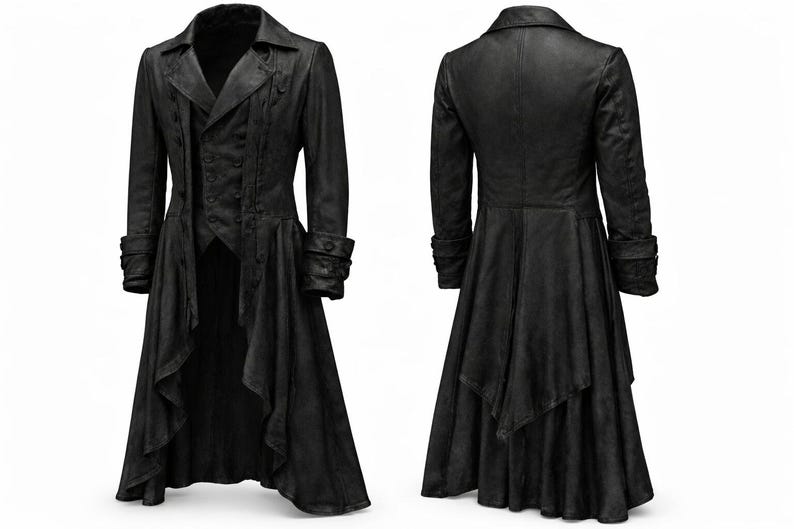 May include: Black long coat with a double-breasted front, notched lapels, and decorative buttons. The coat features long sleeves with buttoned cuffs and a flared, layered skirt. The back view shows the coat's tailored design and flowing hemline.
