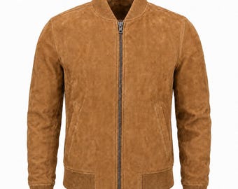 Mens Genuine Suede Leather Jacket Handmade Classic Bomber Coat Casual Zip Up Outerwear
