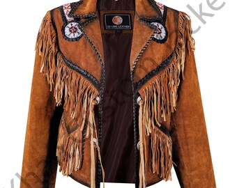 Chaqueta vaquera de gamuza con flecos hecha a mano: estilo nativo americano con cuentas