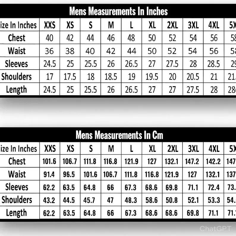 May include: A chart displaying men's measurements in inches and centimeters. Measurements include chest, waist, sleeves, shoulders, and length, with sizes ranging from XXS to 5XL. The chart provides both imperial and metric conversions.