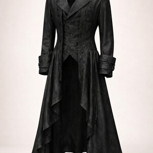 May include: A long, black coat with a tailored fit. The coat features a double-breasted front, notched lapels, and decorative buttons. The sleeves have buttoned cuffs, and the coat flares out at the hem. A stylish garment.