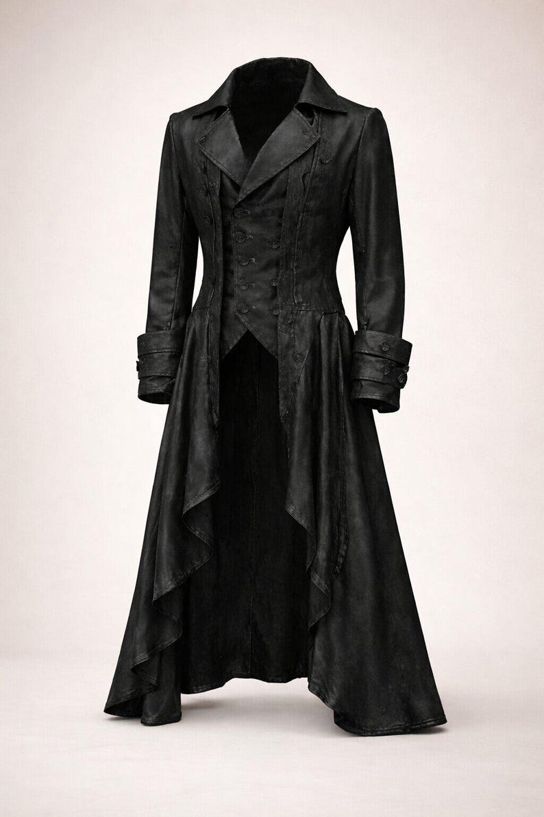 May include: A long, black coat with a tailored fit. The coat features a double-breasted front, notched lapels, and decorative buttons. The sleeves have buttoned cuffs, and the coat flares out at the hem. A stylish garment.